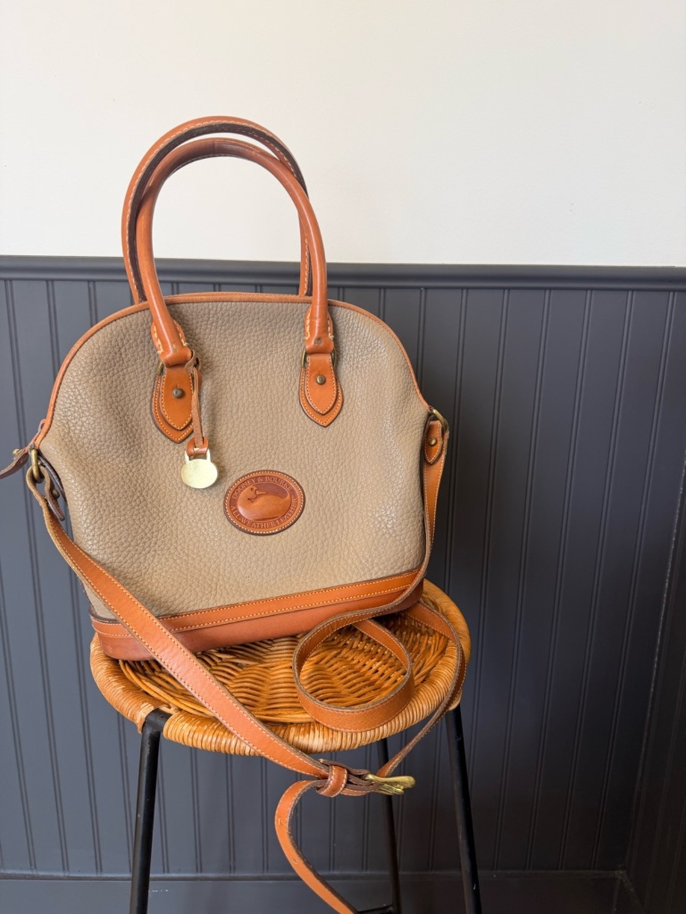 Vintage Dooney & Bourke Tan Satchel with Brown Leather Trim